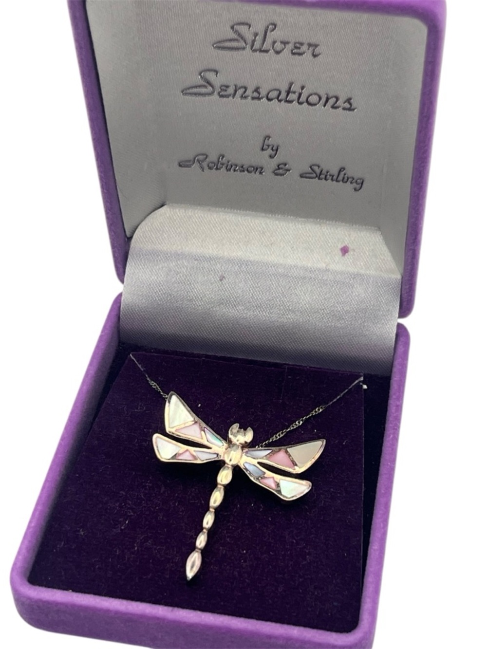 Dragonfly sterling silver colorful mother of pearl inlay pendant chain necklace